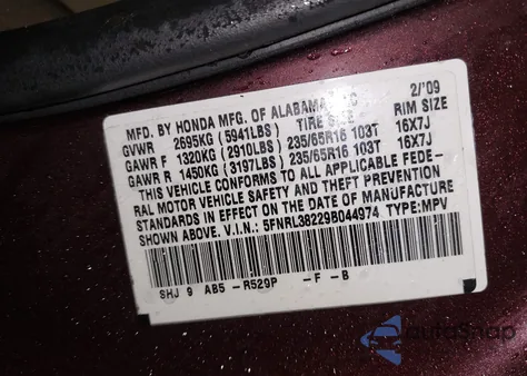 2009 Honda Odyssey Lx from USA, damaged, VIN 5FNRL38229B044974